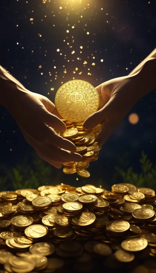 a person holding a golden ball over a pile of gold coins