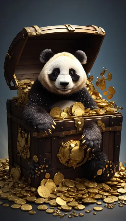 a panda bear sitting on top of a chest of gold coins