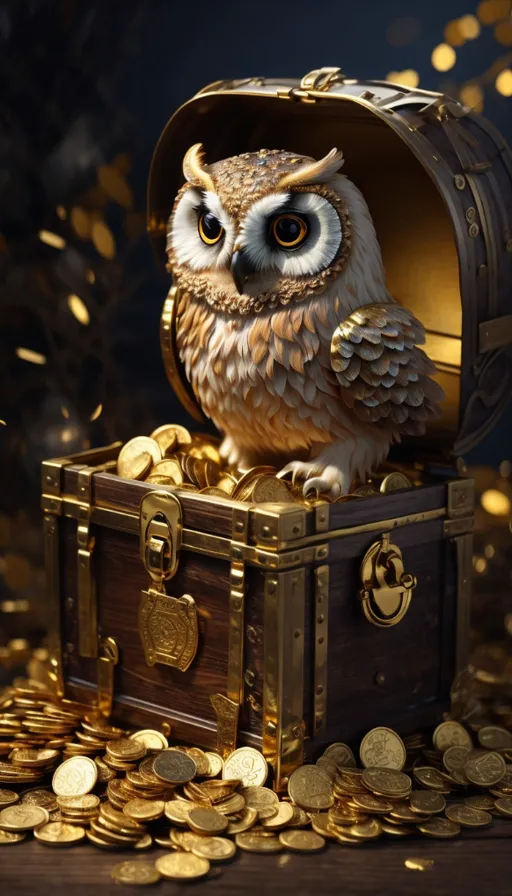 an owl sitting on top of a chest of gold coins