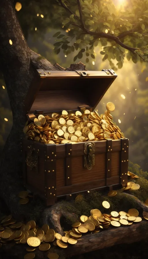 a chest full of gold coins sitting on top of a tree