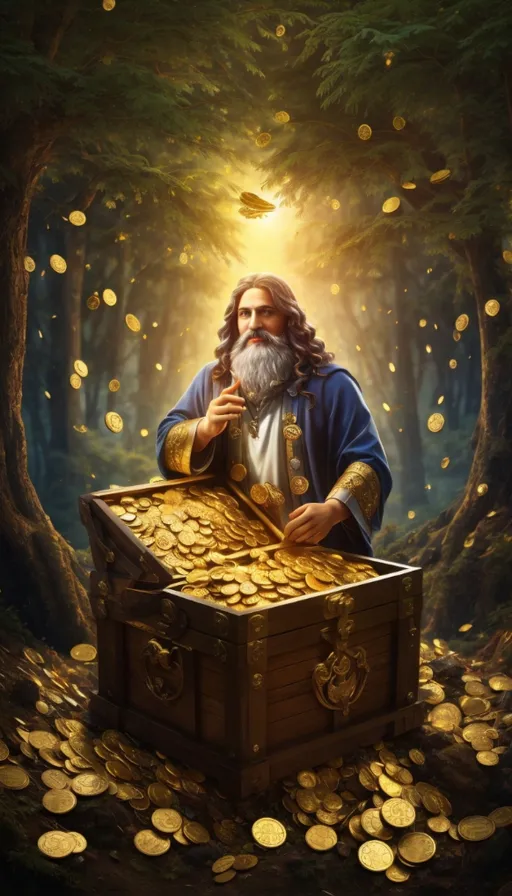 a painting of a man holding a chest full of gold coins