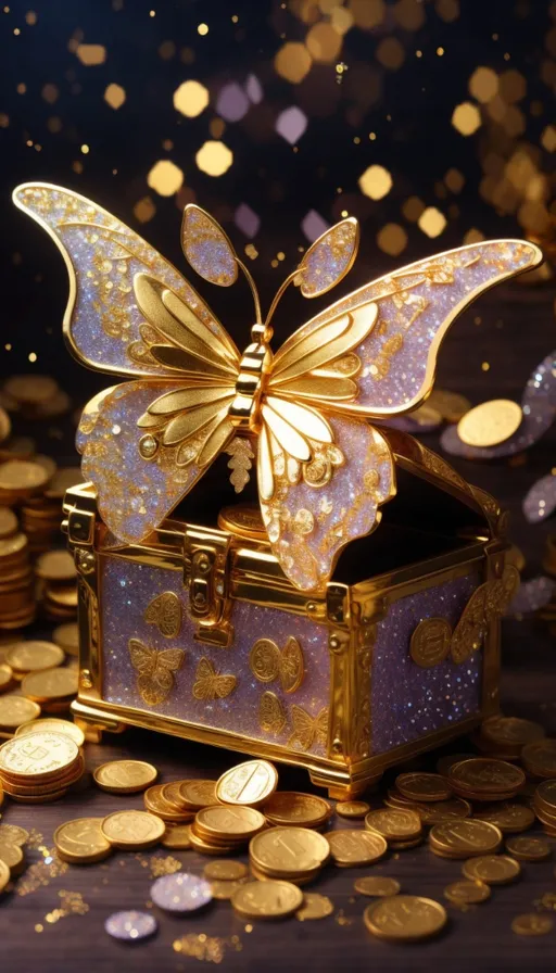 a golden butterfly sitting on top of a chest of gold coins