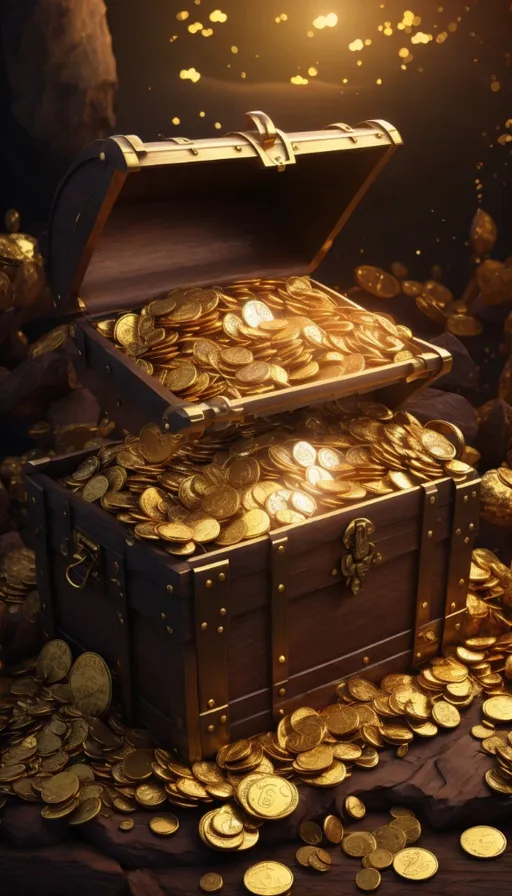 a chest full of gold coins on a table