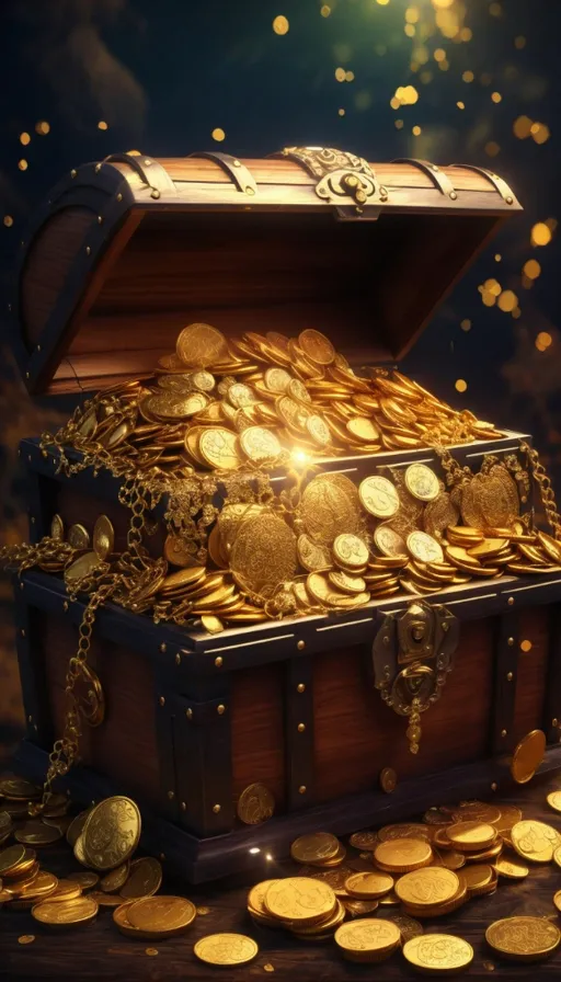 a chest full of gold coins on a table