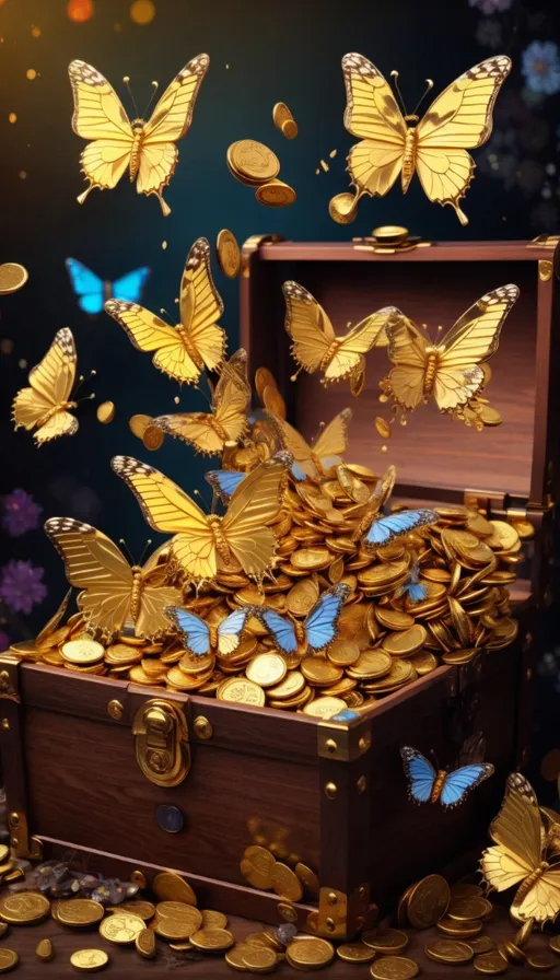 a chest full of gold coins with butterflies flying out of it