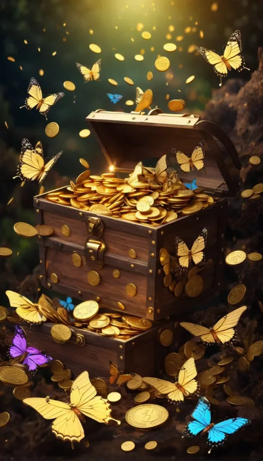 a chest full of gold coins with butterflies flying around it