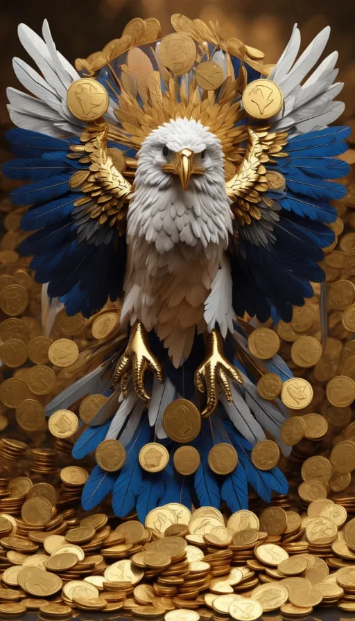 a white and blue bird sitting on top of a pile of gold coins