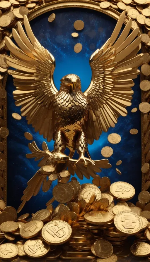 a golden eagle statue sitting on top of a pile of coins