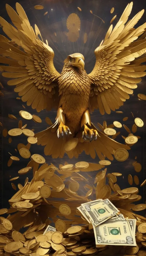 a golden eagle sitting on top of a pile of money