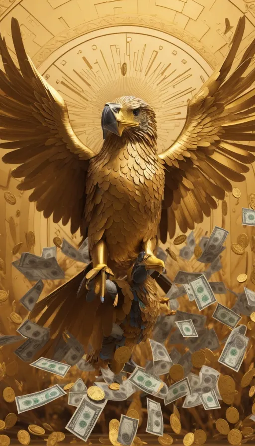 a golden bird sitting on top of a pile of money