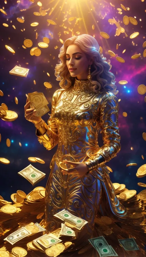 a woman in a gold dress surrounded by money