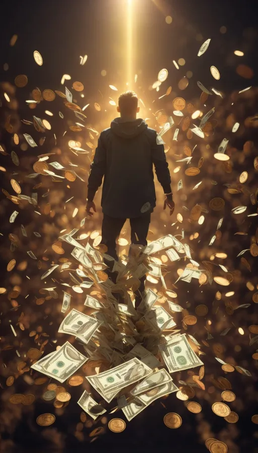 a man standing on top of a pile of money