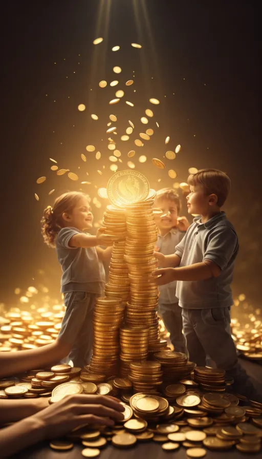 a group of children playing around a pile of gold coins