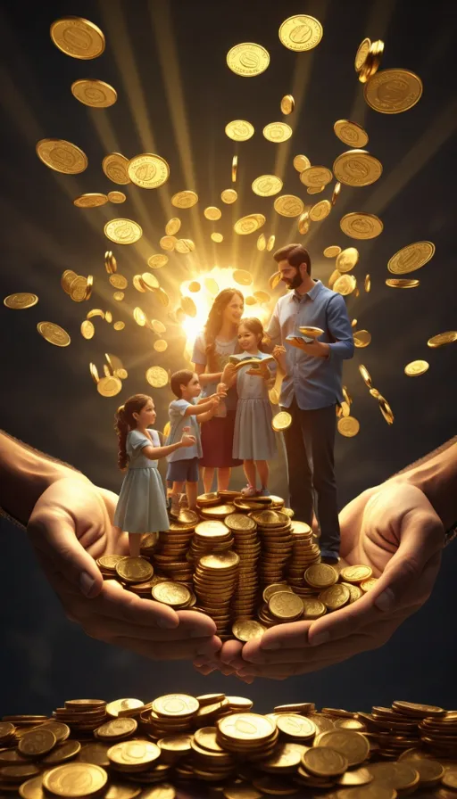 a group of people standing on top of a pile of gold coins