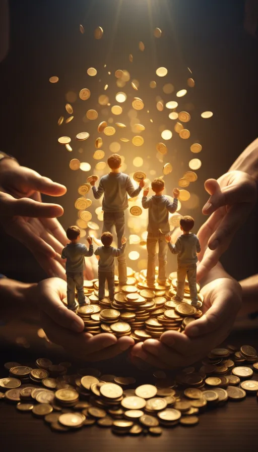 a group of people standing on top of a pile of gold coins