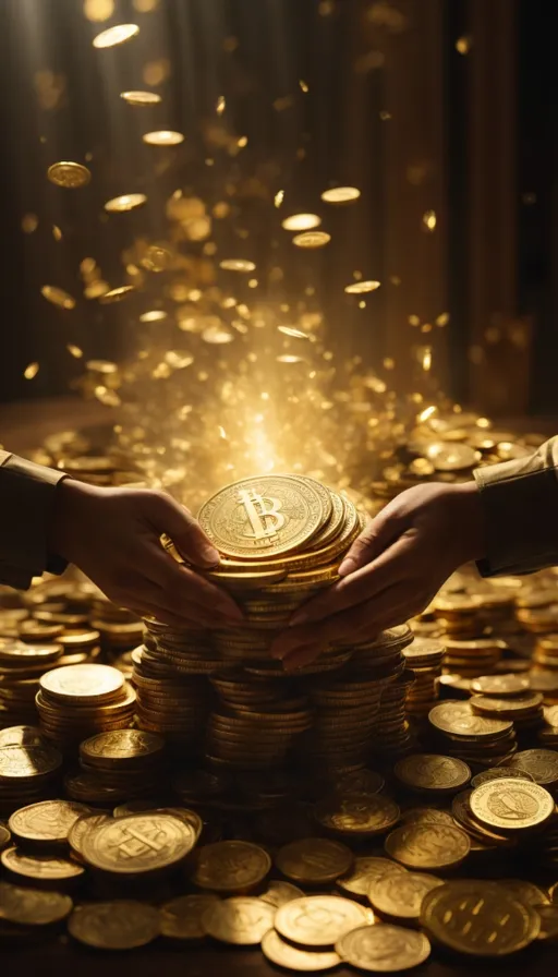 a pile of gold coins being held by two hands