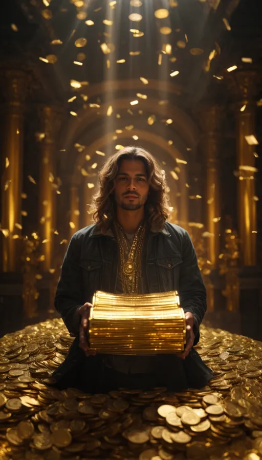 a man sitting on top of a pile of gold coins