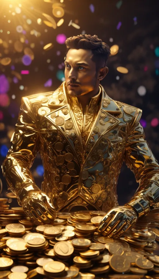 a man standing in front of a pile of gold coins