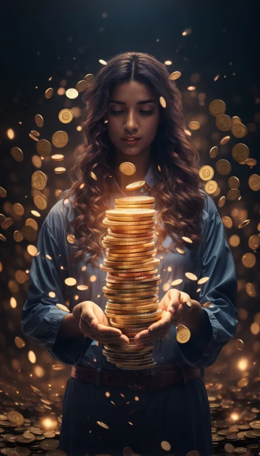 a woman holding a stack of gold coins