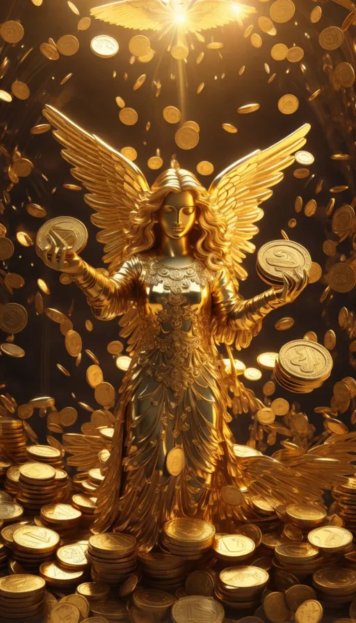 a golden angel surrounded by gold coins