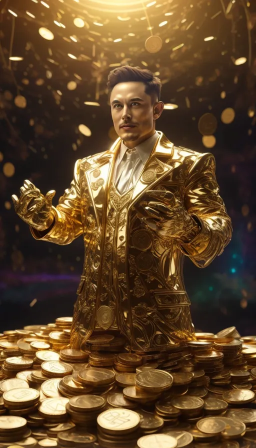 a man standing on top of a pile of gold coins