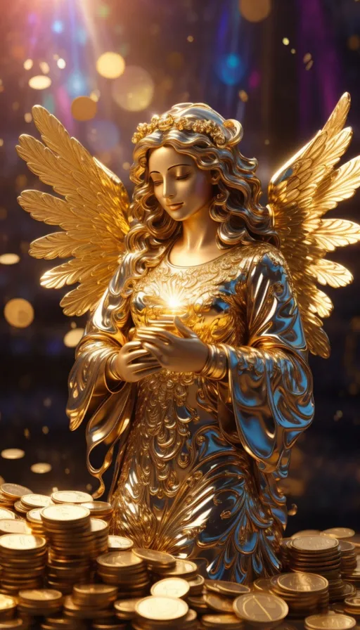 a golden angel statue surrounded by gold coins