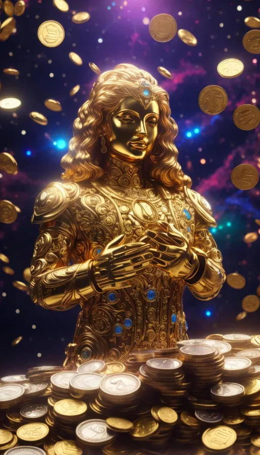 a golden statue surrounded by stacks of coins