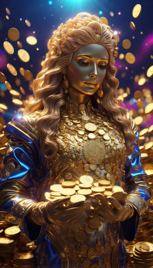 a statue of a woman holding a tray of gold coins