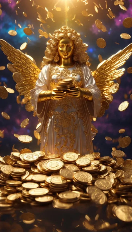 a golden angel statue surrounded by gold coins