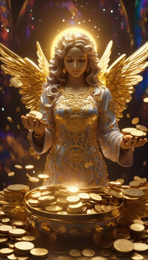 a statue of an angel surrounded by gold coins