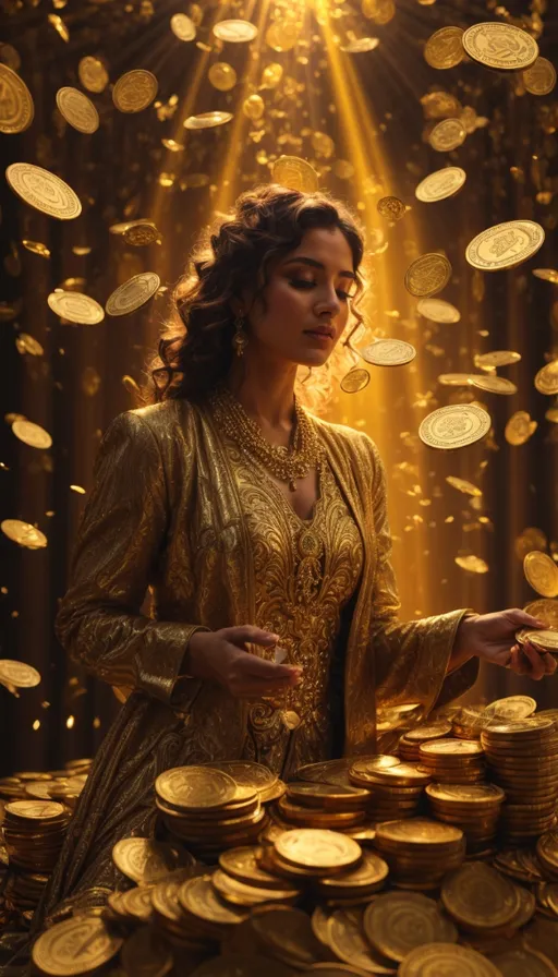 a woman standing in front of a pile of gold coins