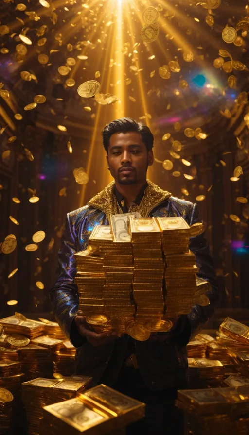 a man standing in front of a pile of gold coins