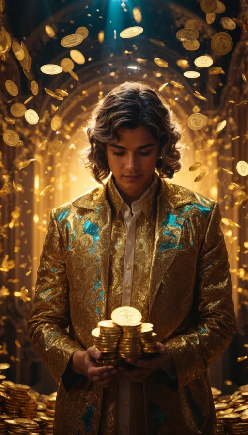 a man in a gold suit holding stacks of gold coins