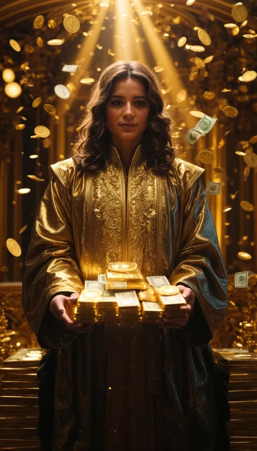 a woman in a gold robe holding a box of gold