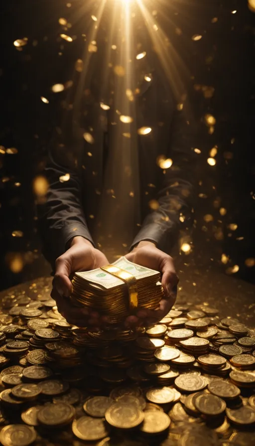 a man in a suit holding a box of gold coins