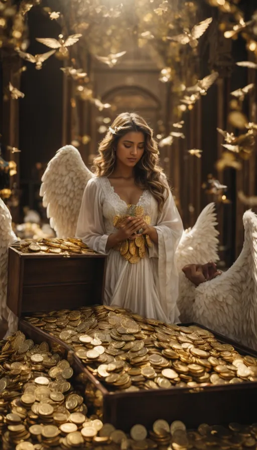 a woman standing in front of a chest of gold coins