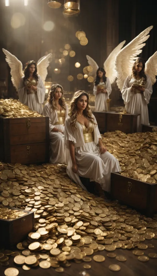 a group of angels sitting on top of a pile of gold coins