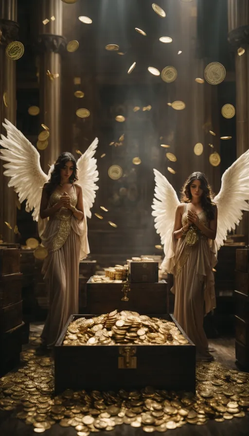 two angels standing in front of a chest of gold coins