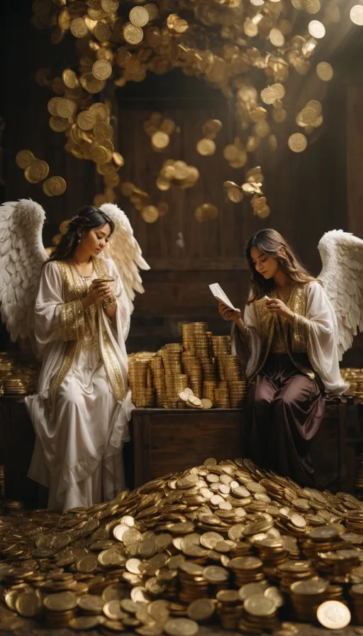 two angels sitting in front of a pile of gold coins