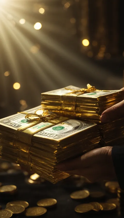 a person holding a stack of gold coins