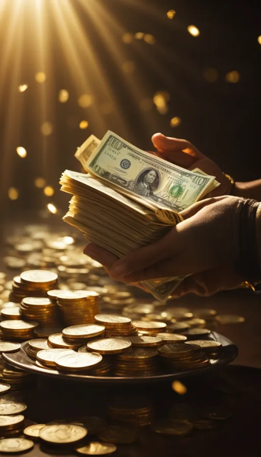 a person holding a stack of money in front of a pile of gold coins