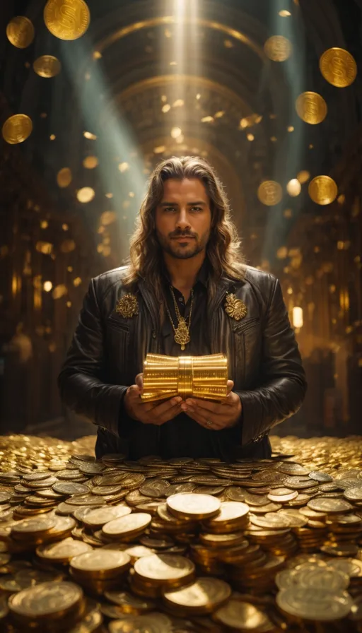 a man standing in front of a pile of gold coins