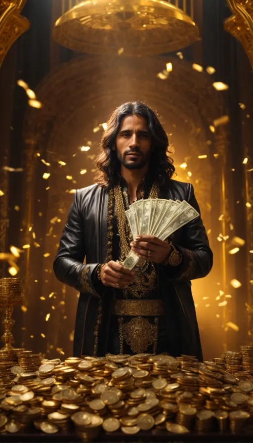 a man in a black jacket holding money in front of gold coins