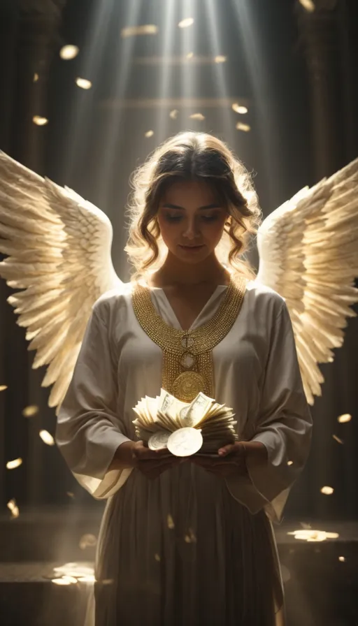 a woman with angel wings holding a bowl