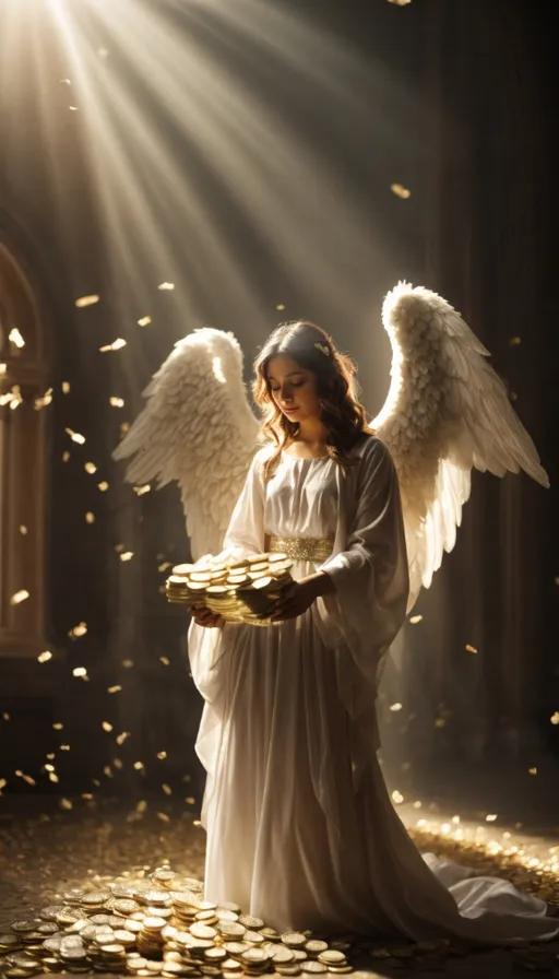 a woman with angel wings holding a tray of gold coins