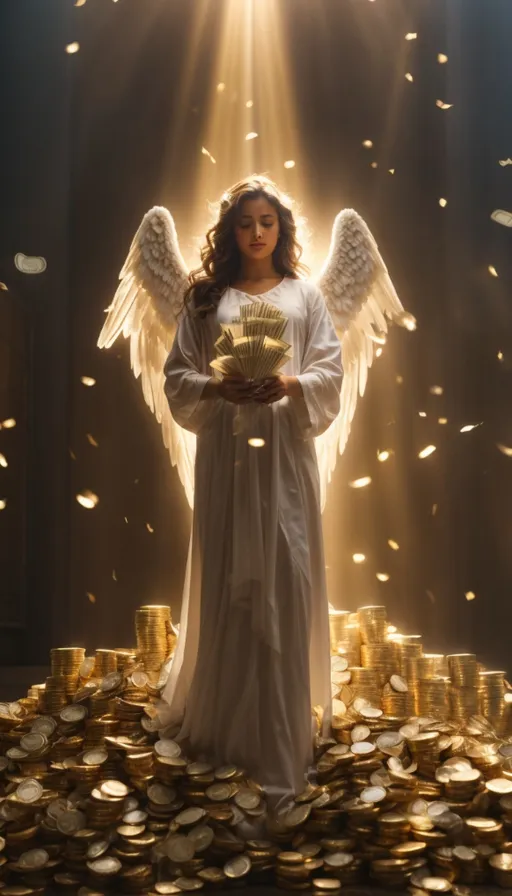 an angel standing in front of a pile of gold coins