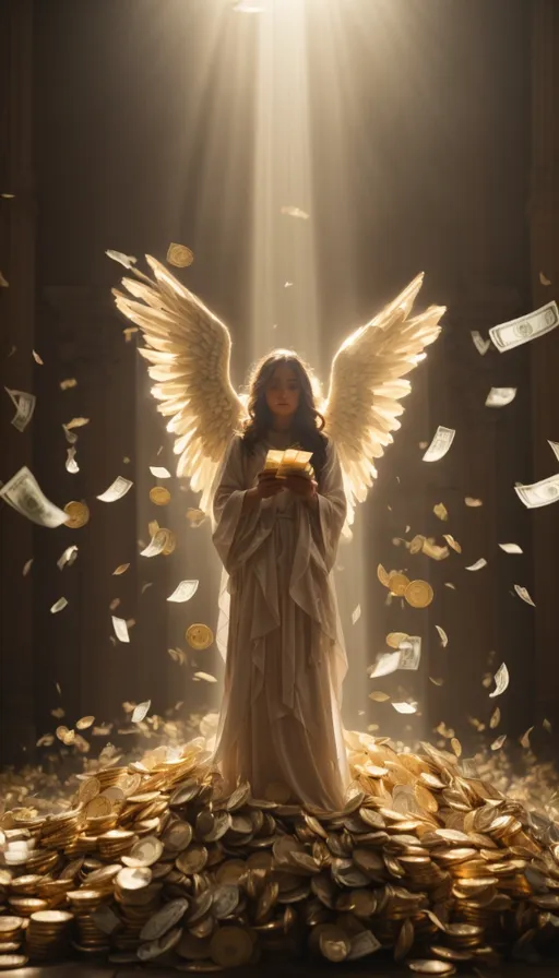 an angel standing on a pile of money