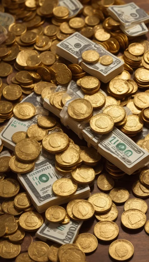 a pile of money sitting on top of a wooden table