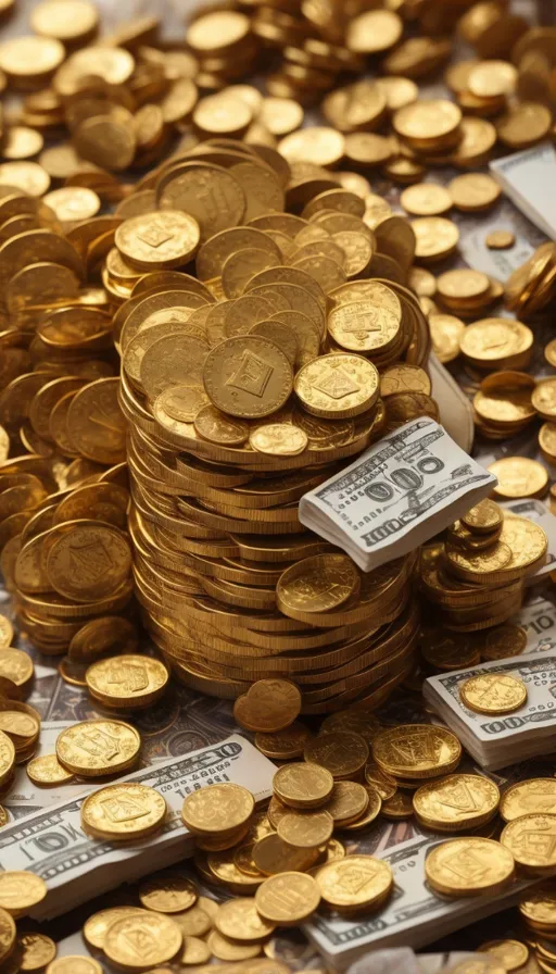 a pile of gold coins sitting on top of a table