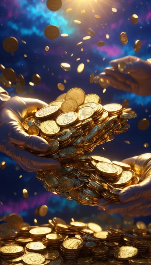 two hands reaching for a pile of gold coins